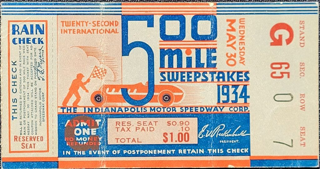 1934 AAA Indianapolis 500 Ticket Stub - Front
