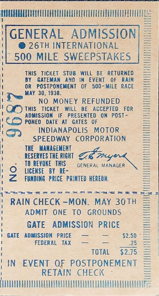 1938 AAA Indianapolis 500 General Admission Ticket Stub