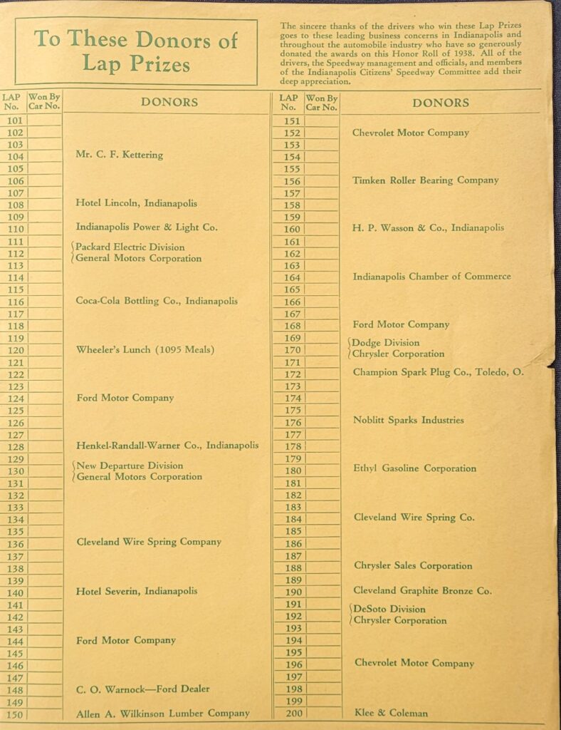 1938 AAA Indianapolis 500 Lap Sponsor Sheet