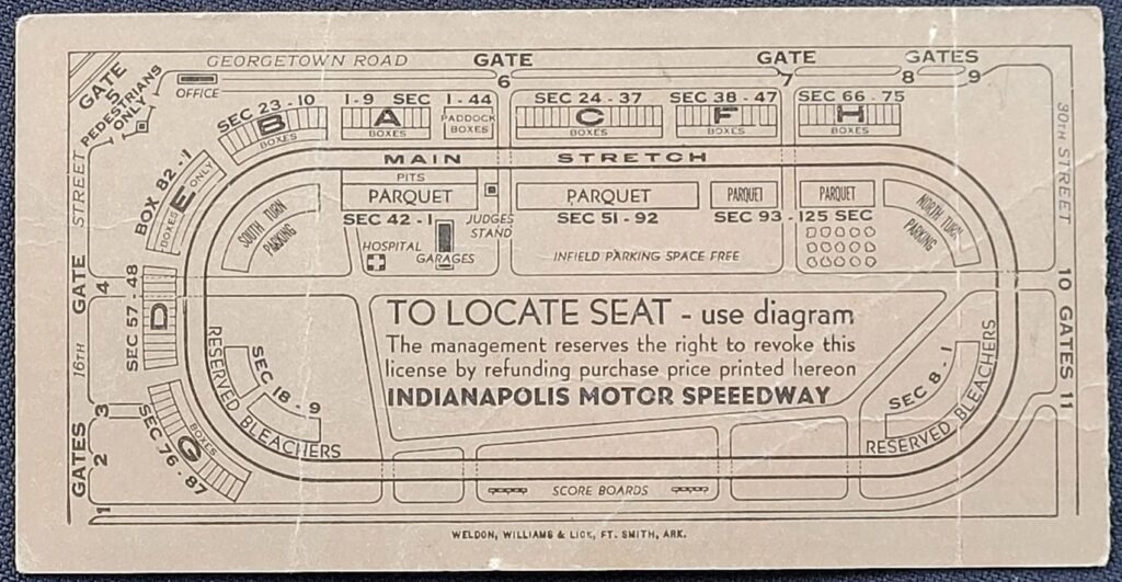 1948 AAA Indianapolis 500 Ticket Stub - Back