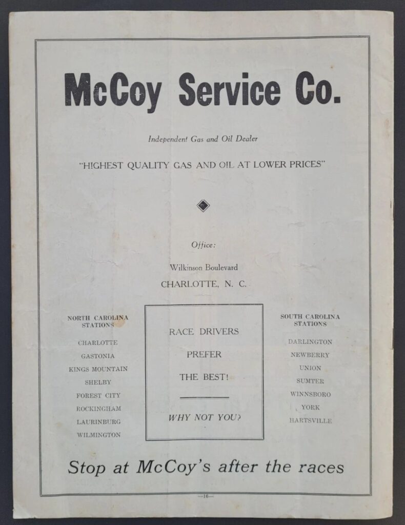 1950 NASCAR Charlotte Speedway - July 23 Program Back