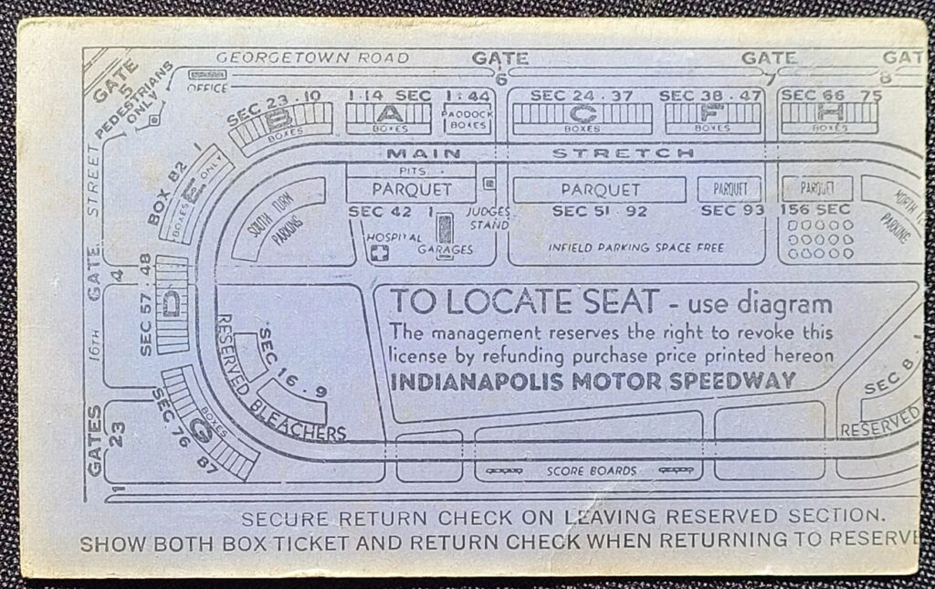 1952 AAA Indianapolis 500 Ticket Stub - Back