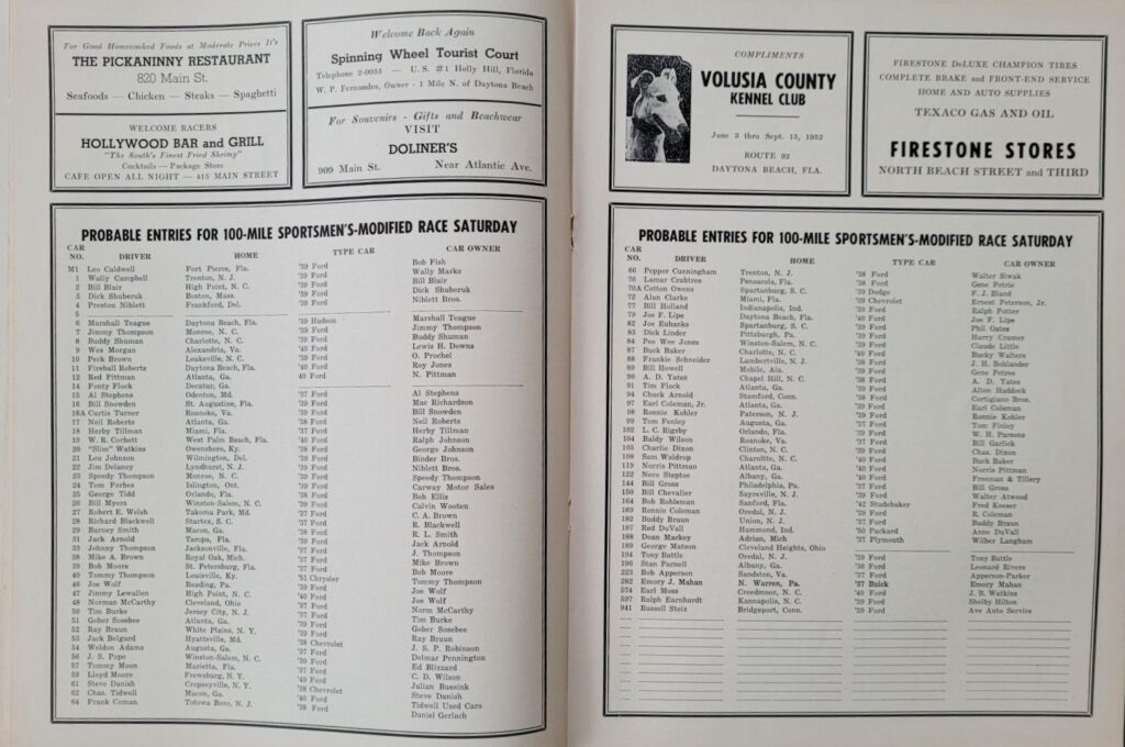 1952 NASCAR Daytona Beach & Road Course Modified Entry List 