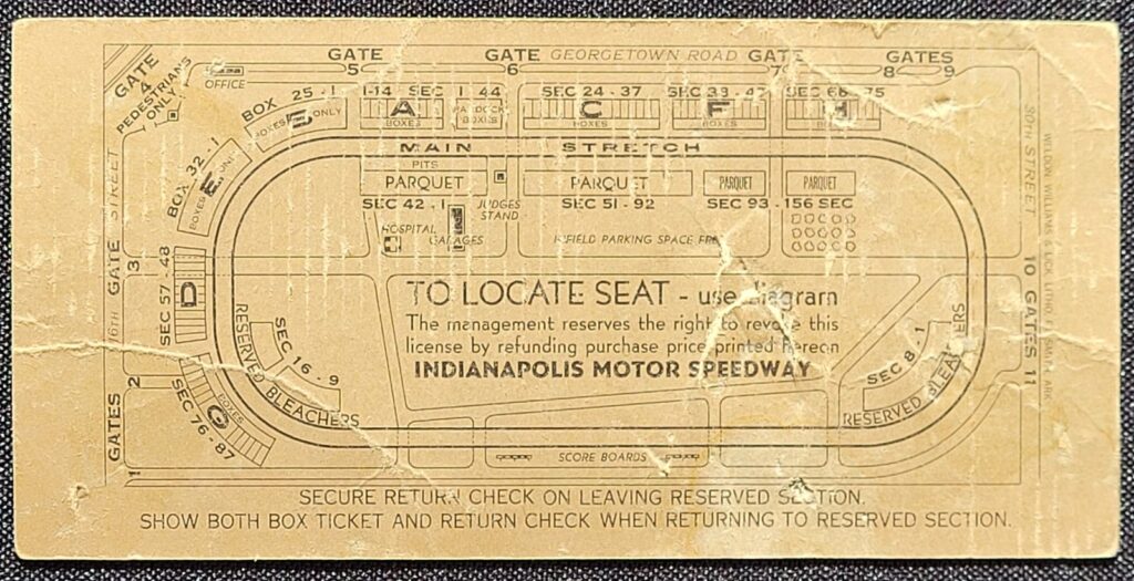 1955 Indianapolis 500 Ticket Stub - Back