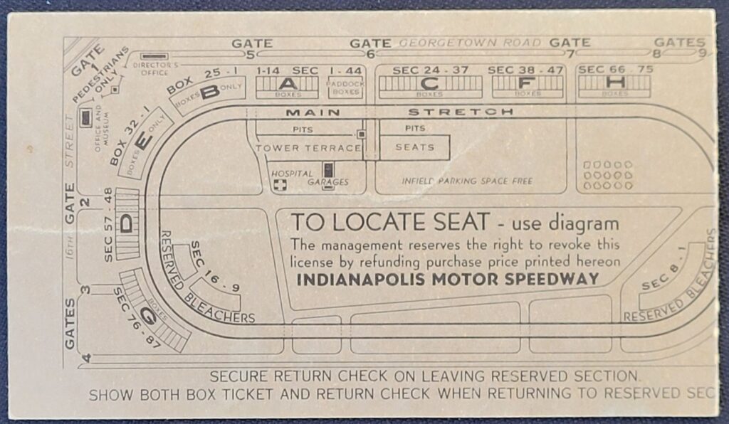 1957 Indianapolis 500 Ticket Stub - Back