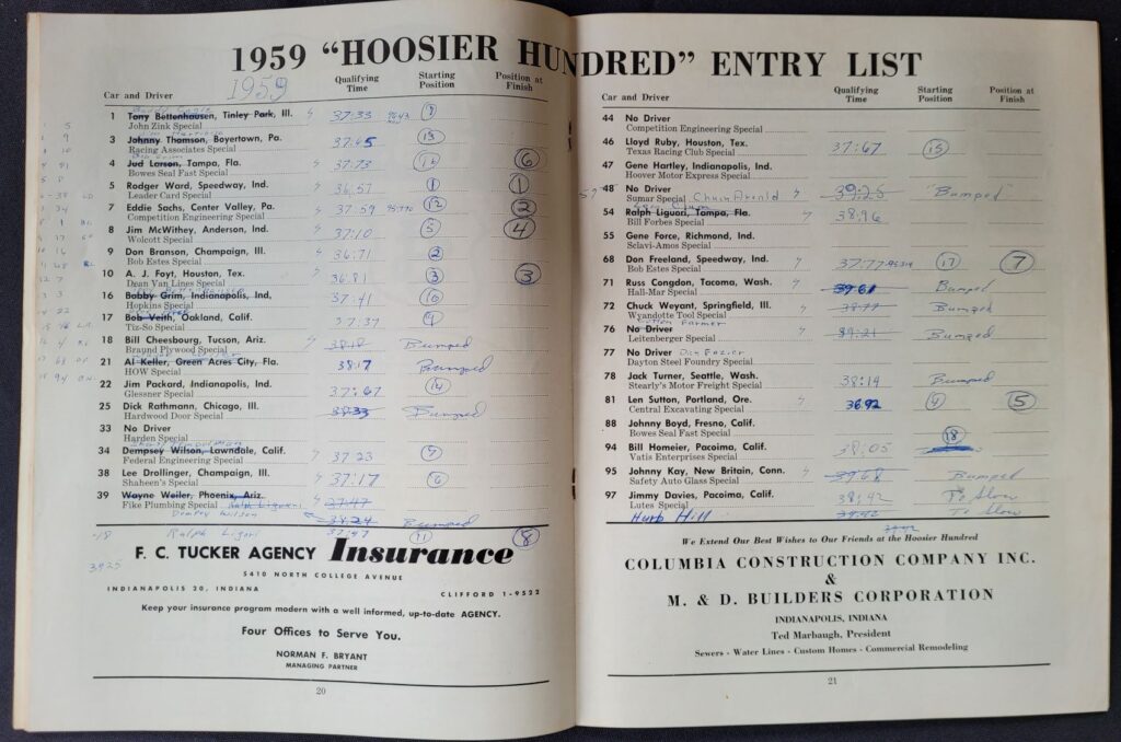 1959 USAC Hoosier 100 Entry List - Qualifying Results