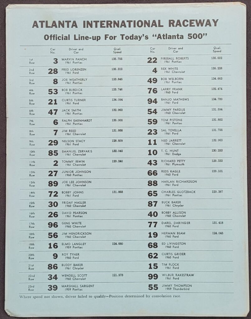1961 NASCAR Atlanta 500 Lineup