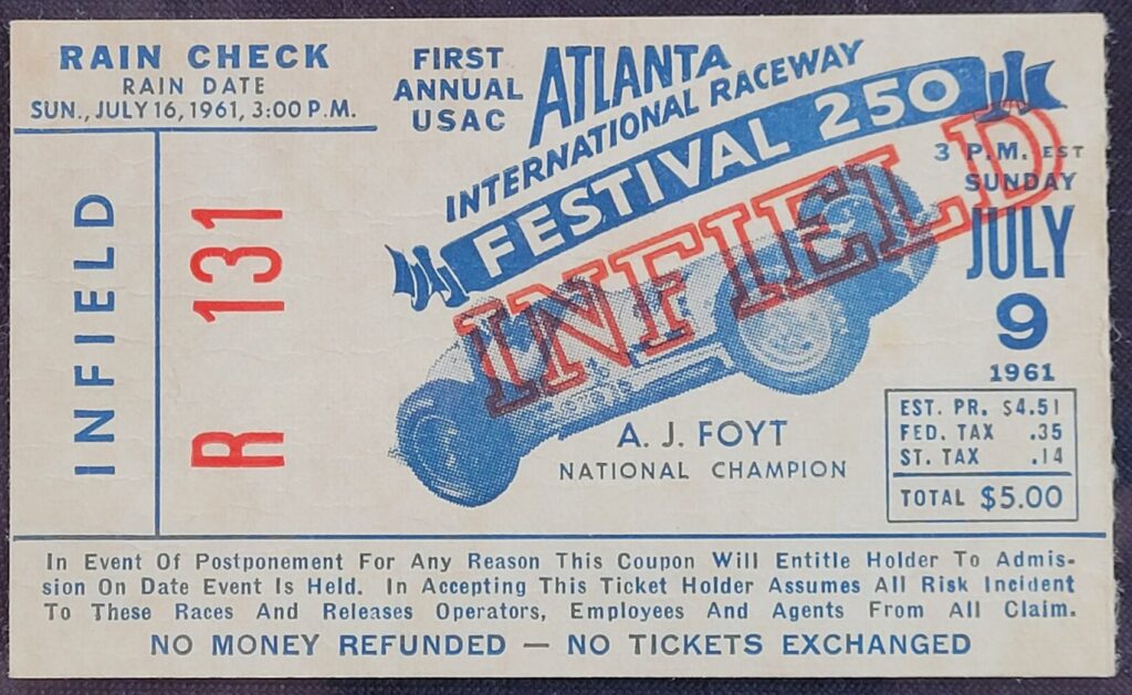 1961 NASCAR Festival 250 Infield Ticket Stub - Front