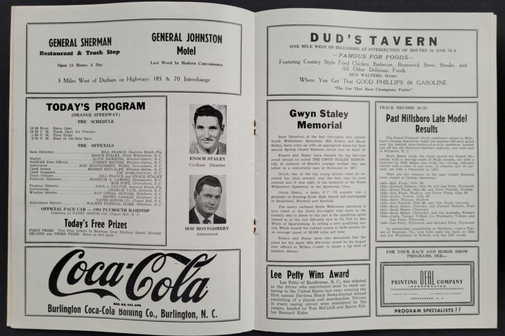 1961 NASCAR Grand National Orange Speedway Program/Schedule