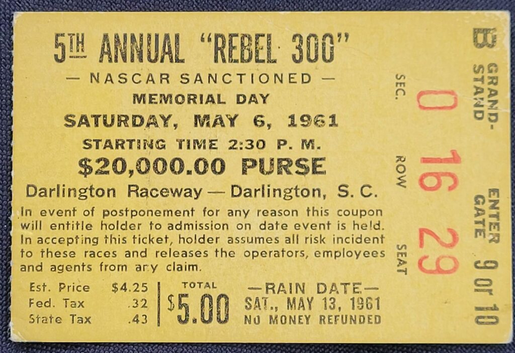 1961 NASCAR Rebel 300 Ticket Stub - Front