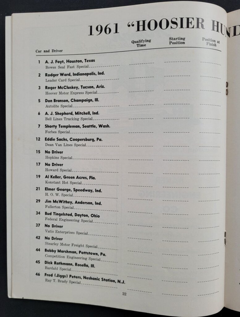 1961 USAC Hoosier 100 Entry List A