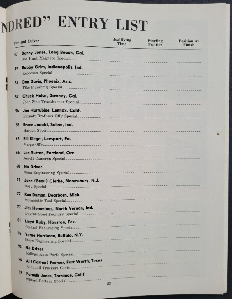1961 USAC Hoosier 100 Entry List B