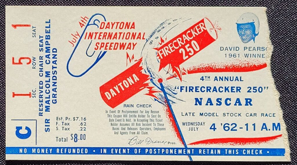 1962 NASCAR Daytona Firecracker 250 Ticket Stub - Front
