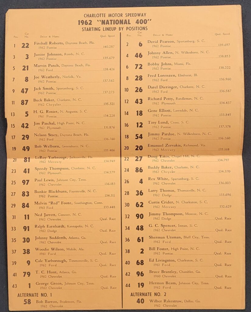 1962 Charlotte National 400 Lineup