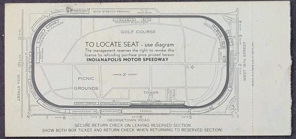 1970 Indianapolis 500 Ticket Stub - Back