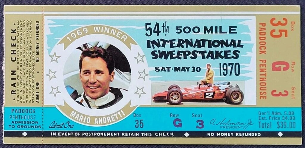 1970 Indianapolis 500 Ticket Stub - Front