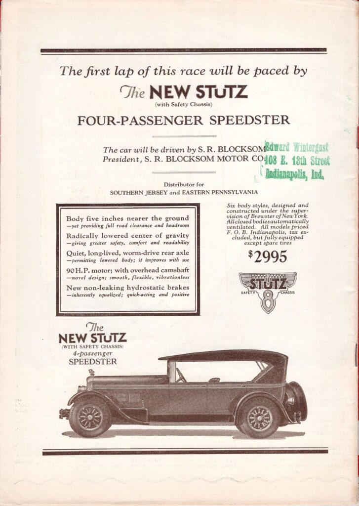 1926 AAA Atlantic City Speedway Program Back Cover