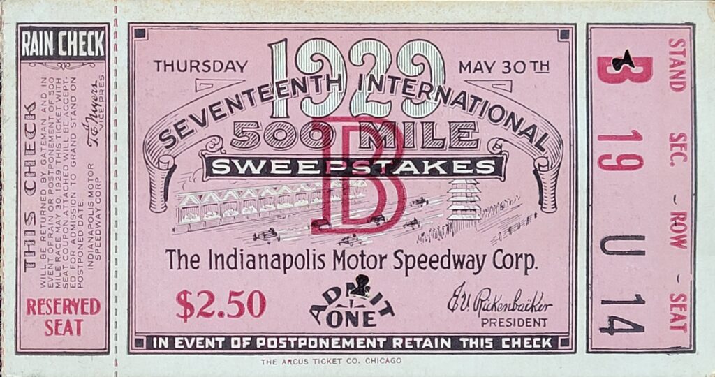 1929 AAA Indianapolis 500 Ticket Stub Front