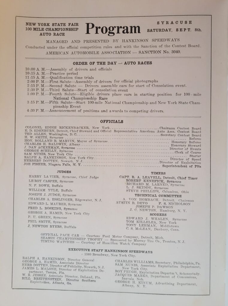 1934 AAA Syracuse Schedule - Race Officials