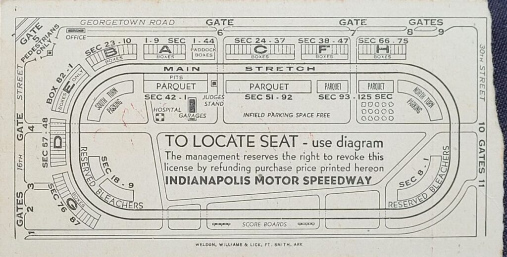 1947 Indianapolis 500 Ticket Stub - Back