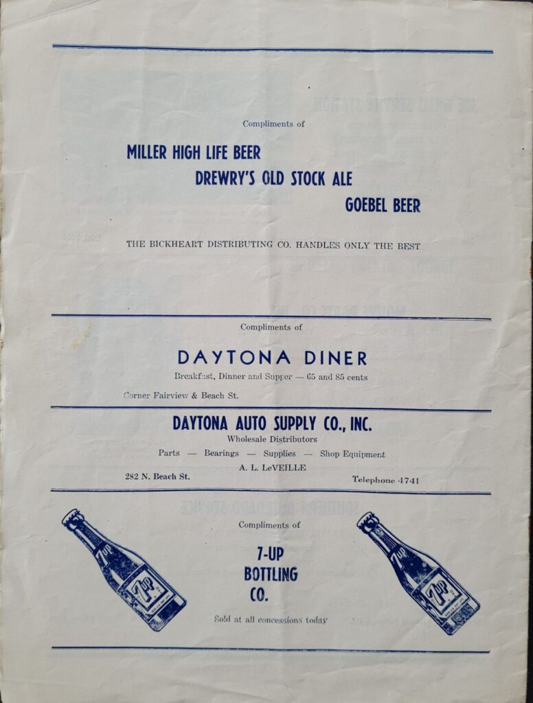 1948 NASCAR Modified Daytona Beach & Road Course Program Back Cover