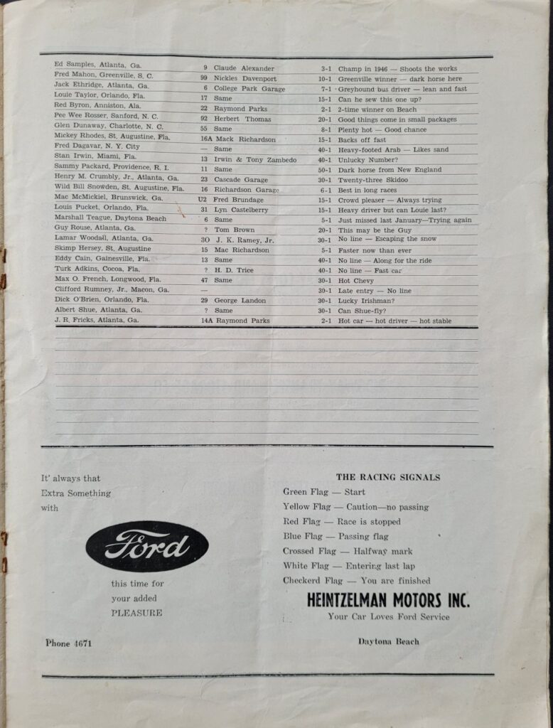 1948 NASCAR Modified Daytona Beach & Road Course Program Entry List 
