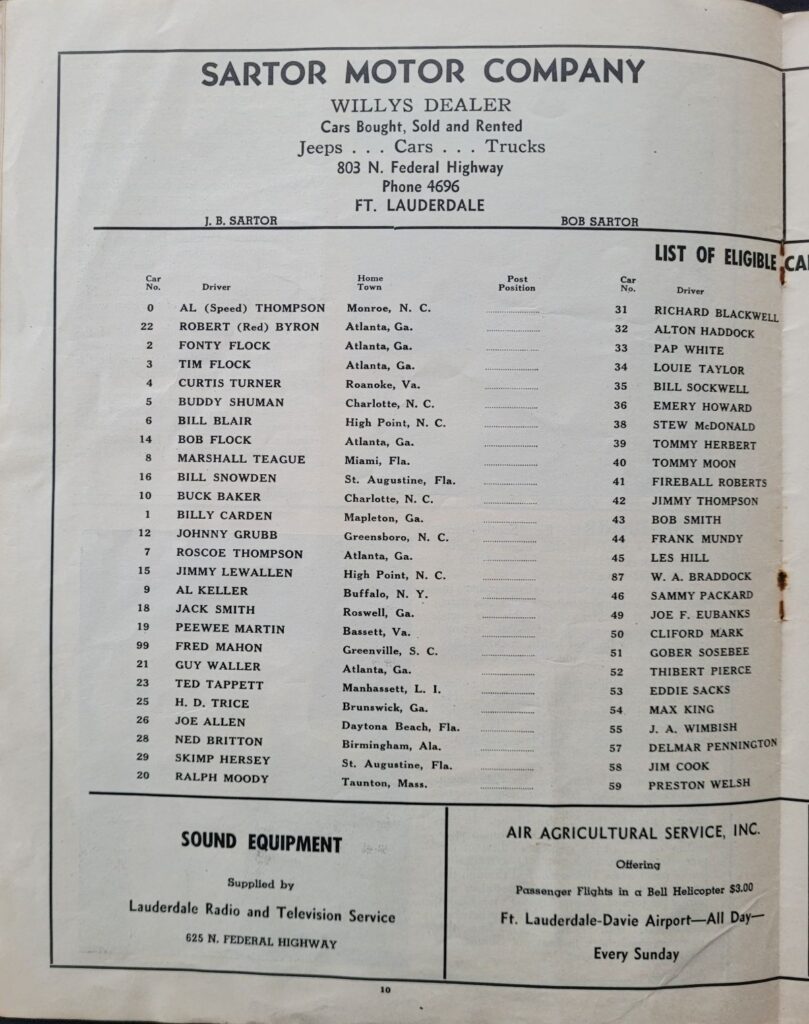 1949 NASCAR Broward Speedway Program Entry List Page 10