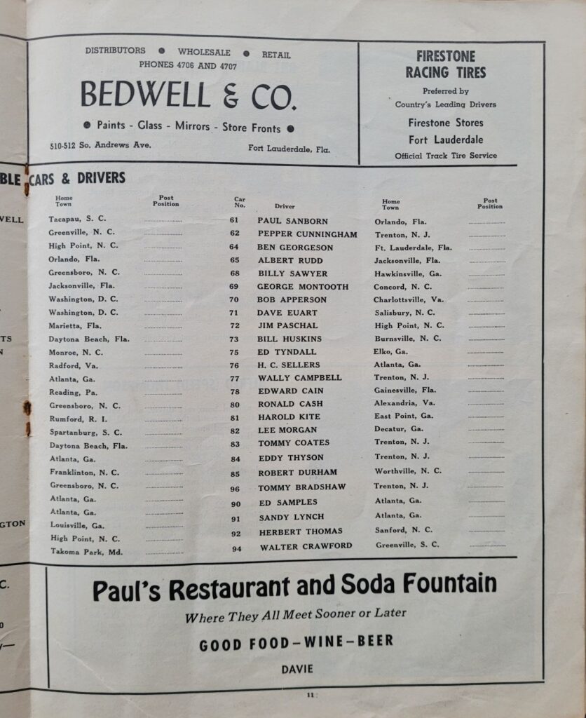 1949 NASCAR Broward Speedway Program Entry List Page 11