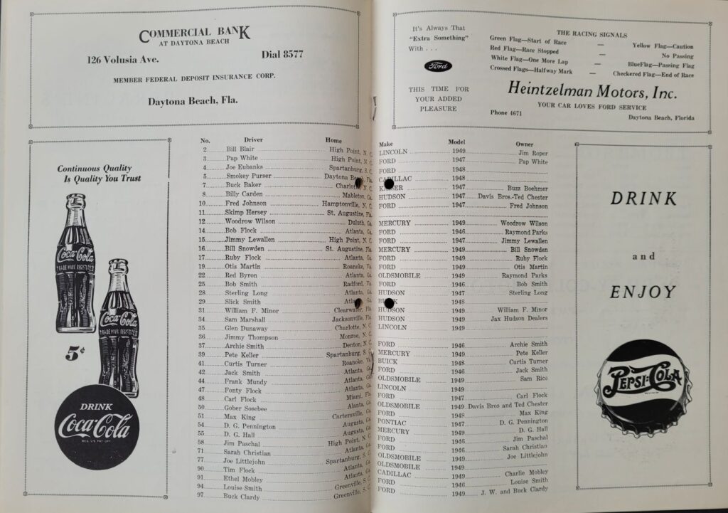 1949 NASCAR Daytona Beach & Road Course Program Entry List