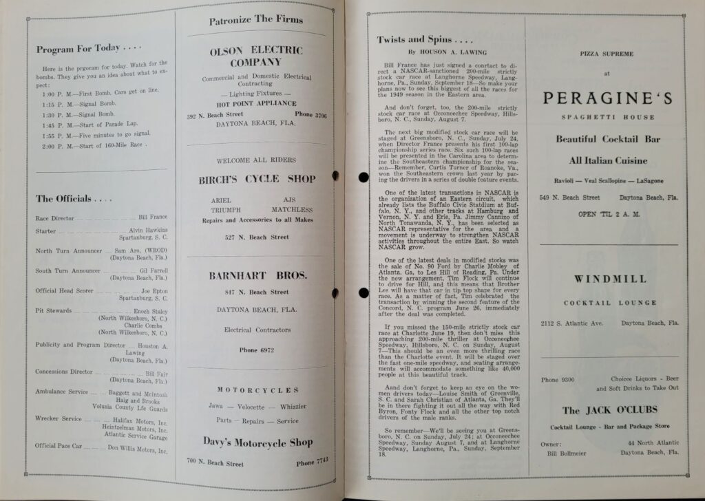 1949 NASCAR Daytona Beach & Road Course Program Officials/Schedule