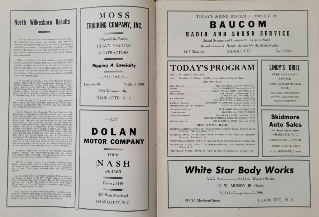 1950 NASCAR Charlotte Speedway Program Pages 2 and 3