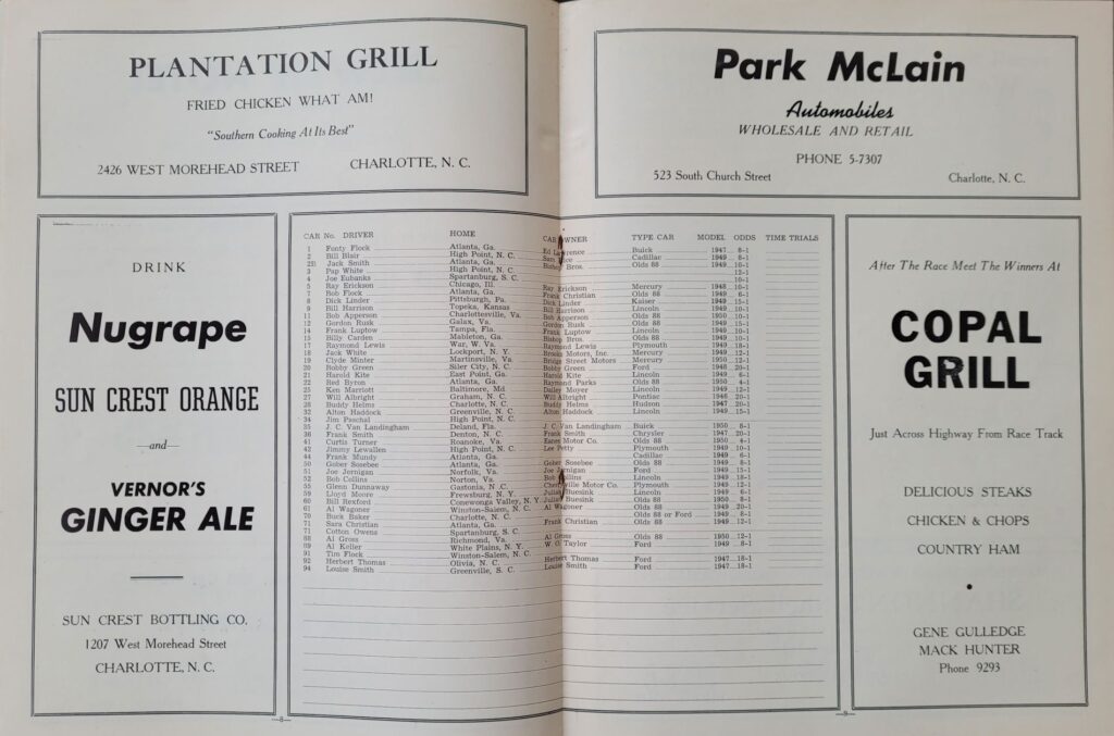 1950 NASCAR Charlotte Speedway Program Pages 8 and 9