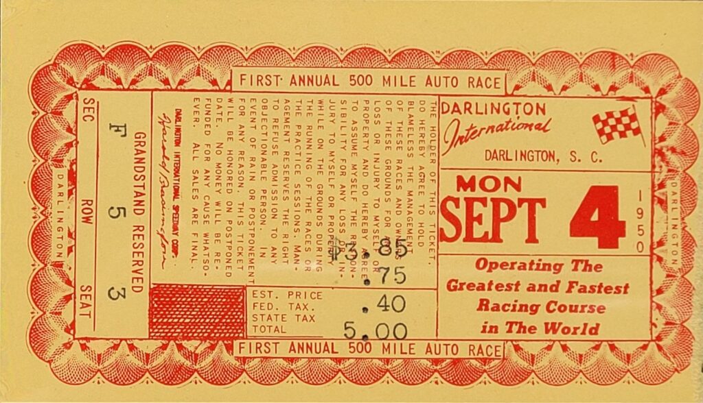 1950 NASCAR Darlington Raceway Southern 500 Ticket Stub Front