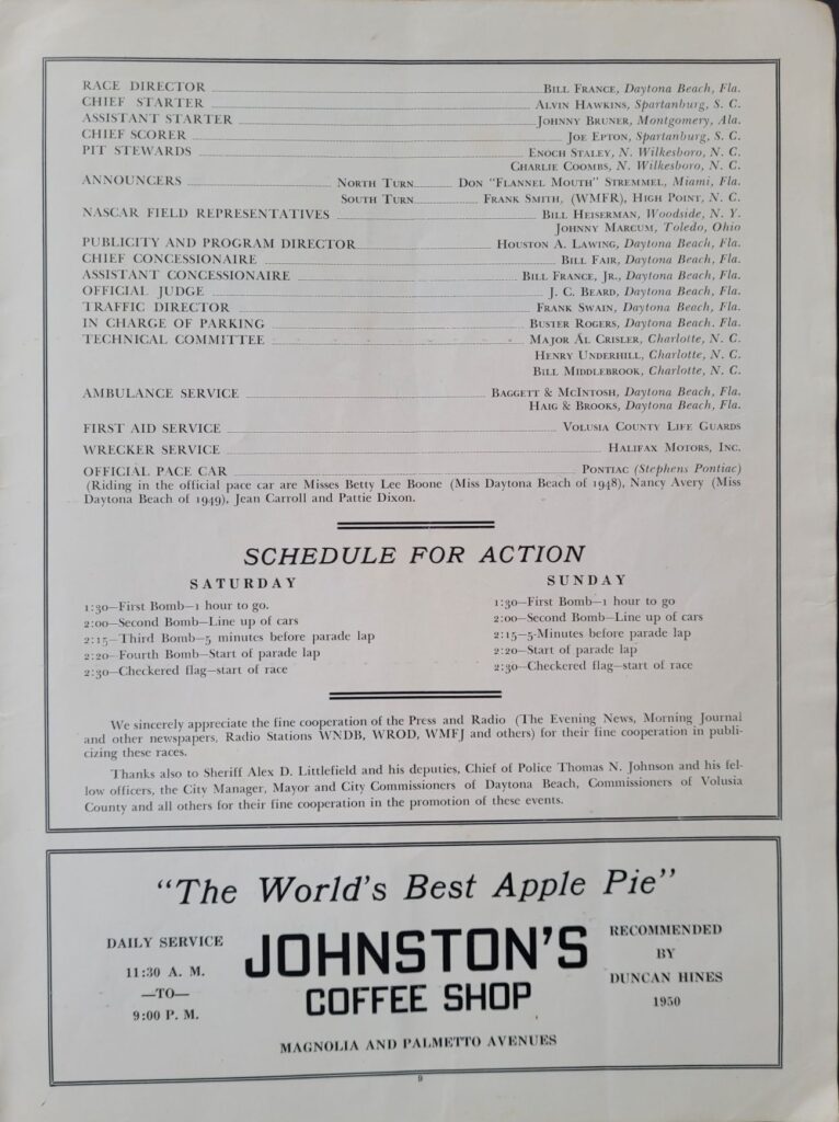 1950 NASCAR Daytona Beach Classics Program Page 9 Schedule 