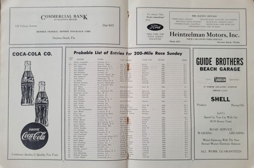 1950 NASCAR Daytona Beach Classics Program Page 12 and 13 Probable Grand National Entries  