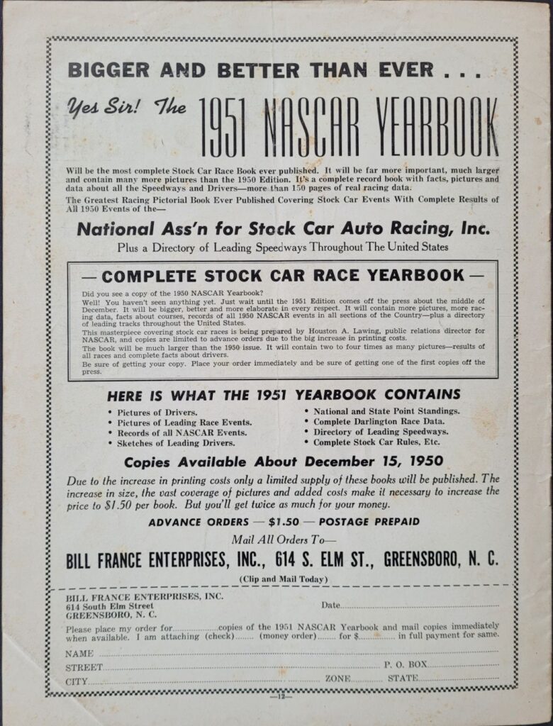 1950 NASCAR Martinsville Speedway (October 15) Program Back Cover
