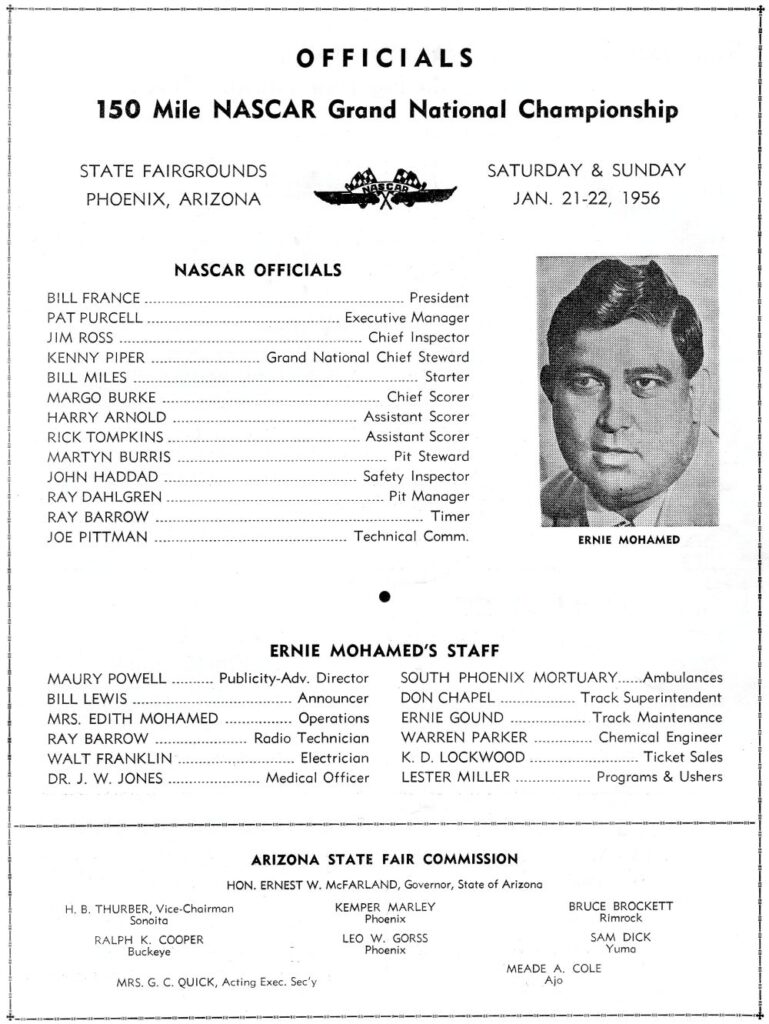 1956 NASCAR Arizona State Fairgrounds Program Officials Page
