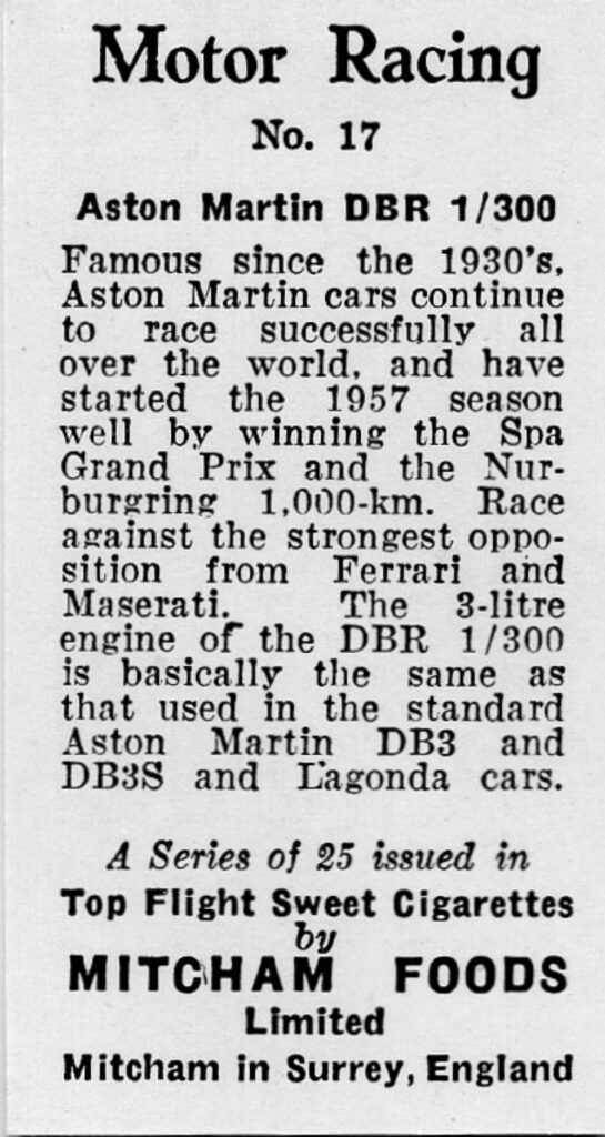 1957 Mitcham Foods "Motor Racing" No. 17 Aston Martin DBR 1/300