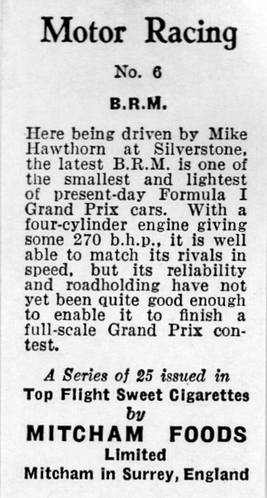 1957 Mitcham Foods "Motor Racing" No. 6 B.R.M.
