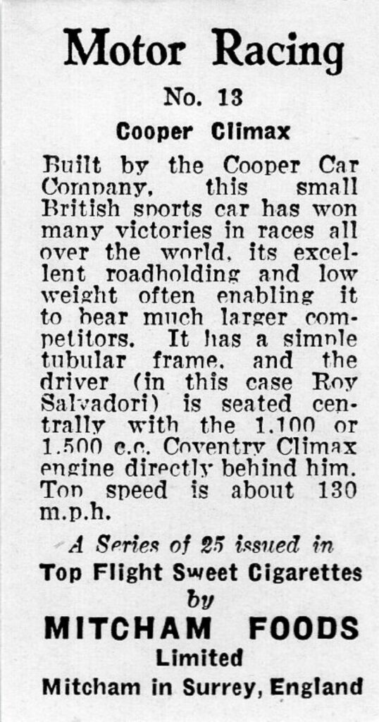 1957 Mitcham Foods "Motor Racing" No. 13 Cooper Climax