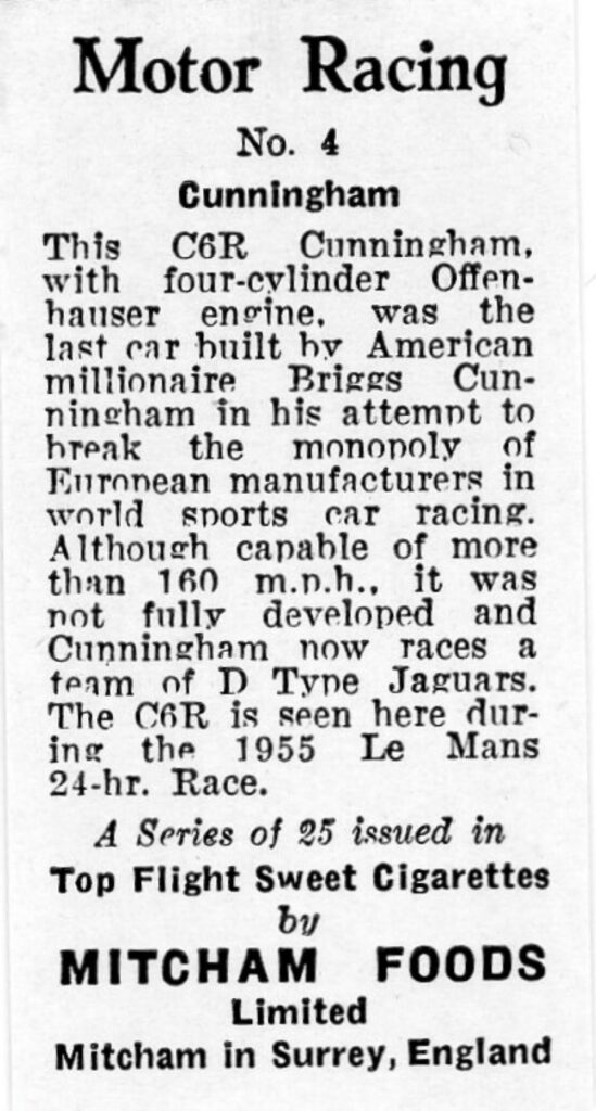 1957 Mitcham Foods "Motor Racing" No. 4 Cunningham