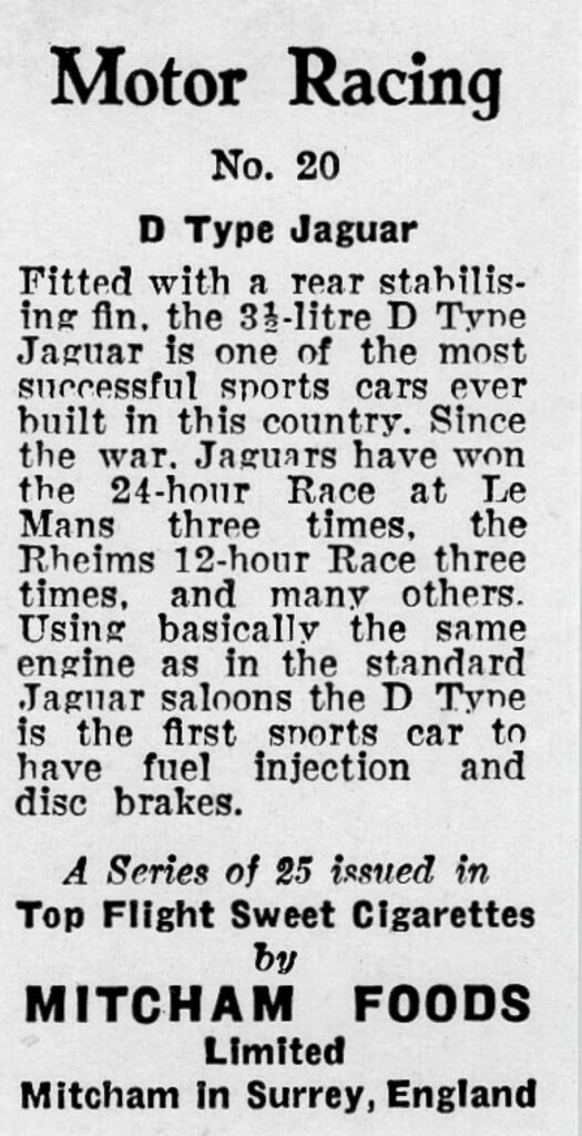 1957 Mitcham Foods "Motor Racing" No. 20 D Type Jaguar