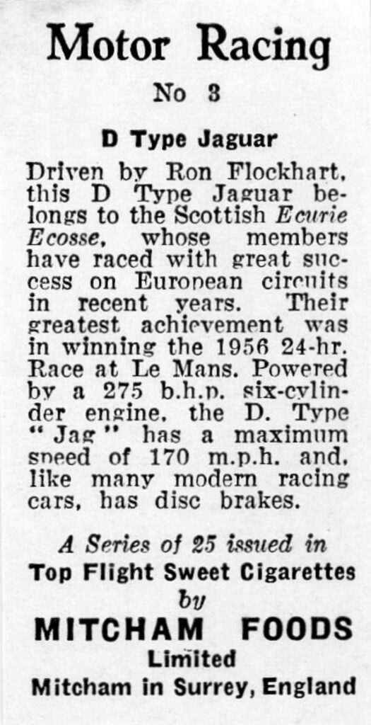 1957 Mitcham Foods "Motor Racing" No. 3 D Type Jaguar