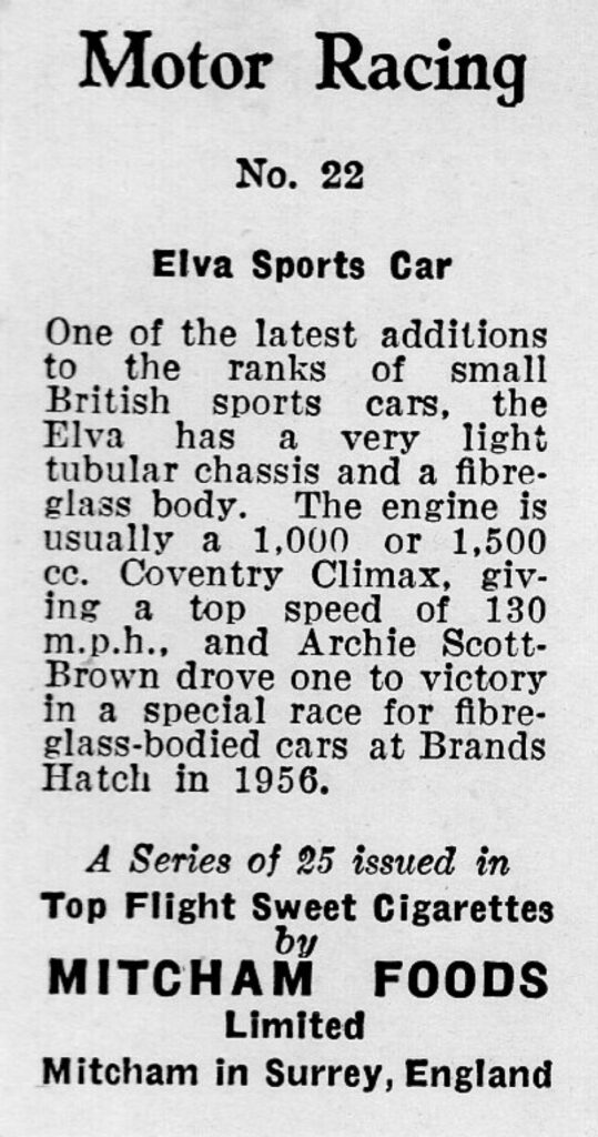 1957 Mitcham Foods "Motor Racing" No. 22 Elva Sports Car