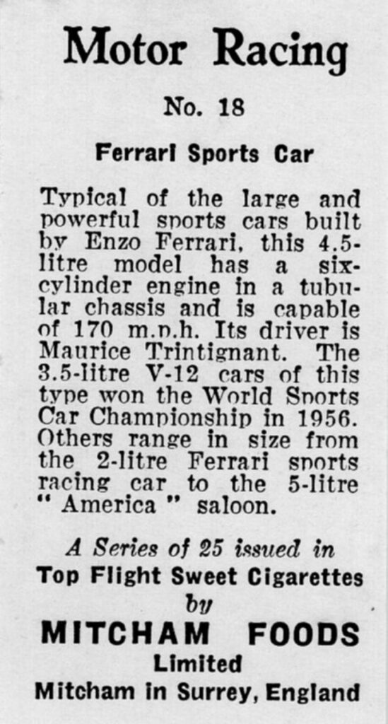 1957 Mitcham Foods "Motor Racing" No. 18 Ferrari Sports Car
