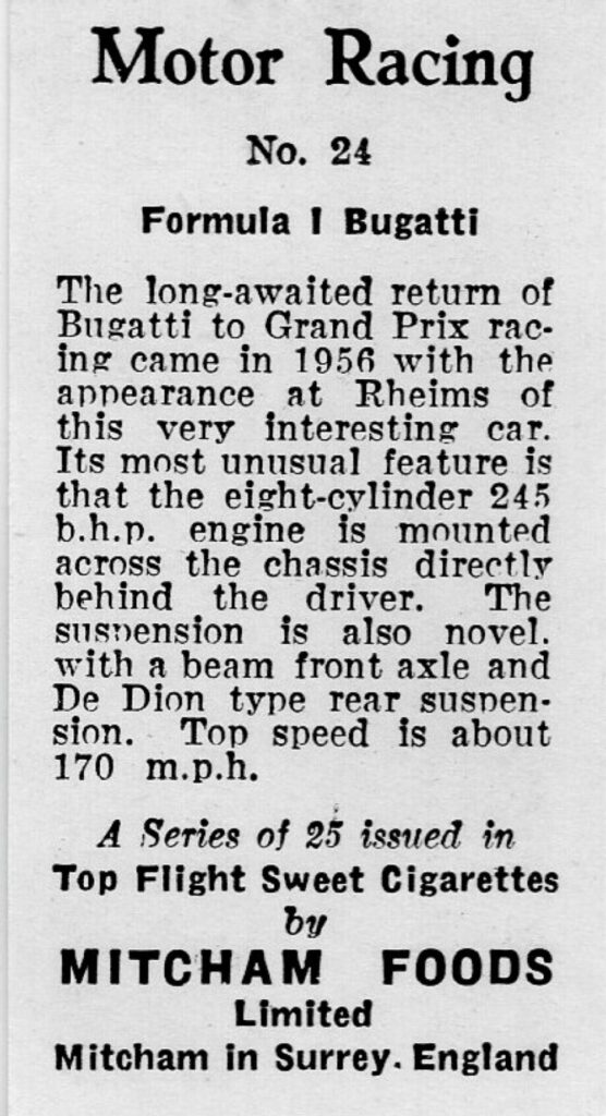 1957 Mitcham Foods "Motor Racing" No. 24 Formula 1 Bugatti