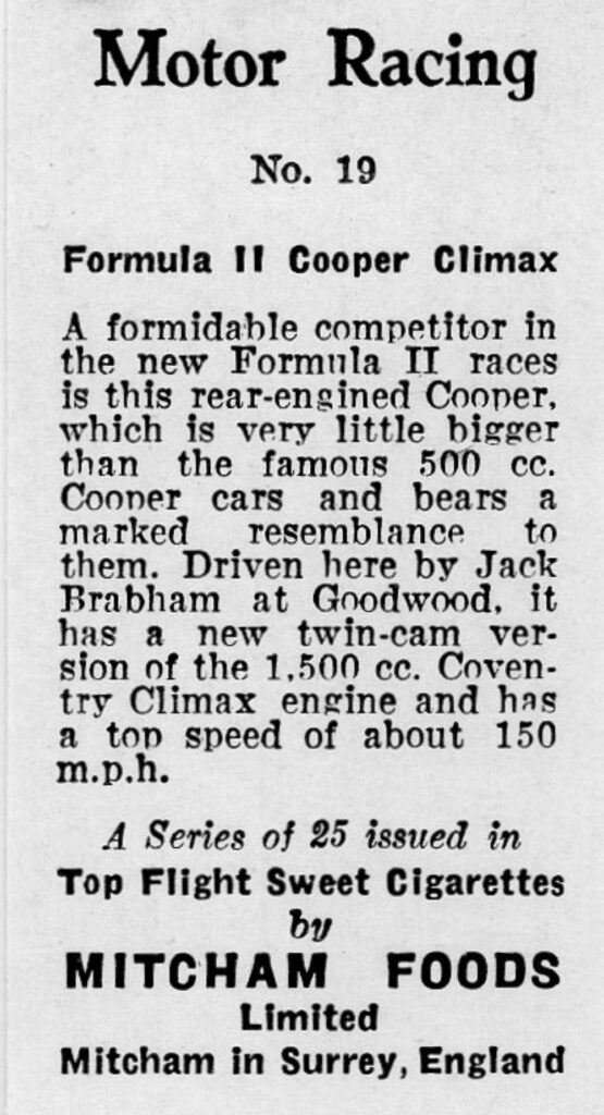 1957 Mitcham Foods "Motor Racing" No. 19 Formula II Cooper Climax