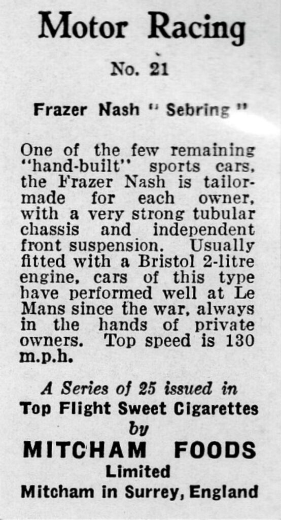 1957 Mitcham Foods "Motor Racing" No. 21 Frazer Nash "Sebring"