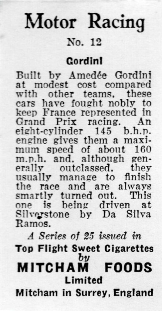 1957 Mitcham Foods "Motor Racing" No. 12 Gordini