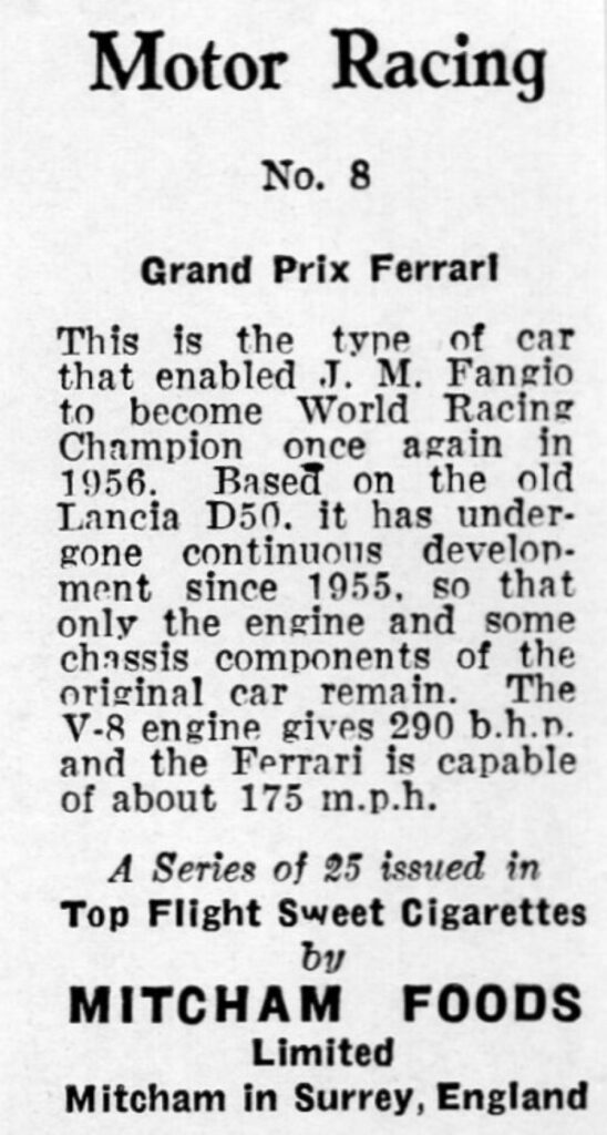1957 Mitcham Foods "Motor Racing" No. 8 Grand Prix Ferrari